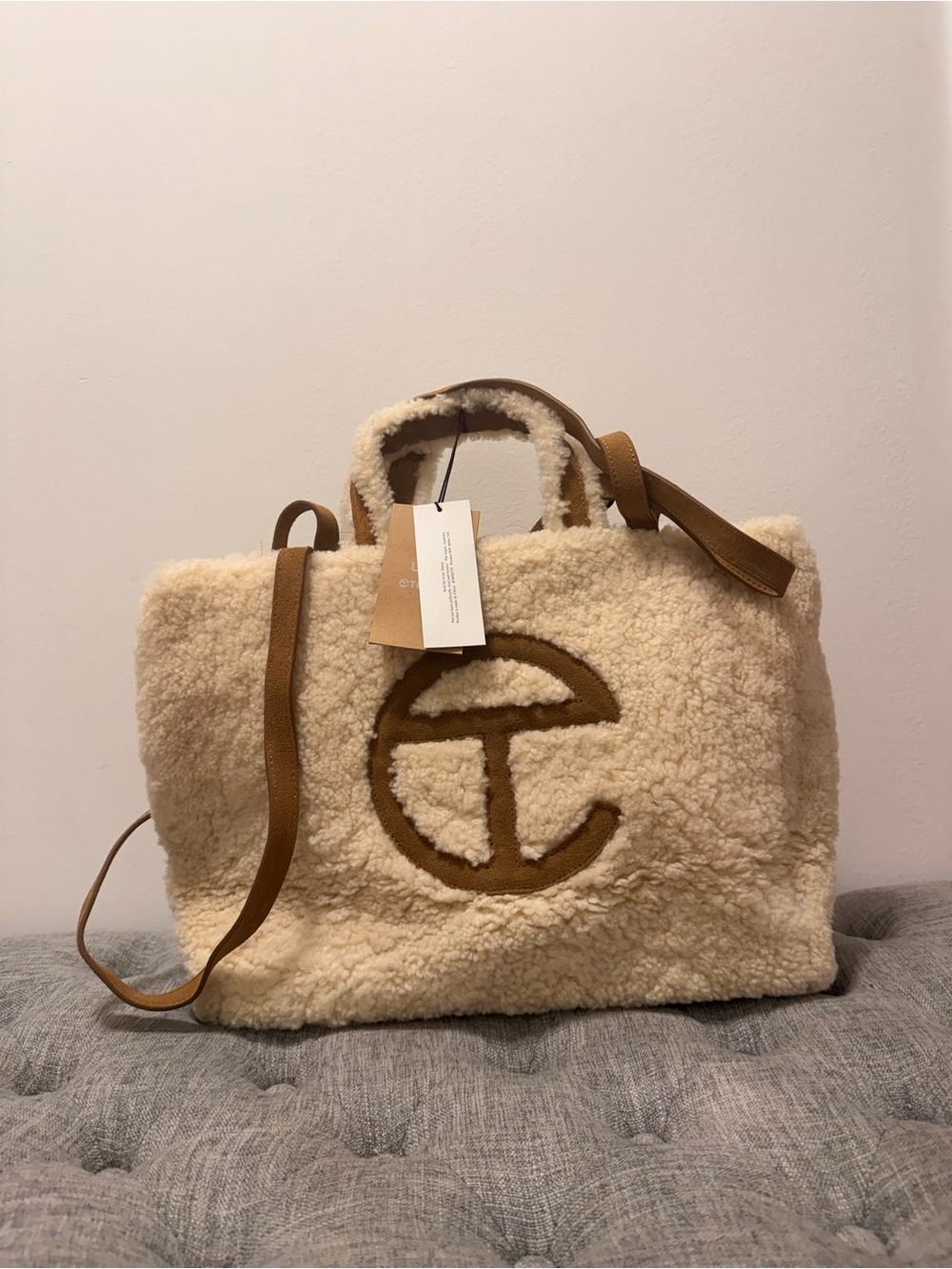 Telfar Cream Shearling Tote with Tan Leather Logo